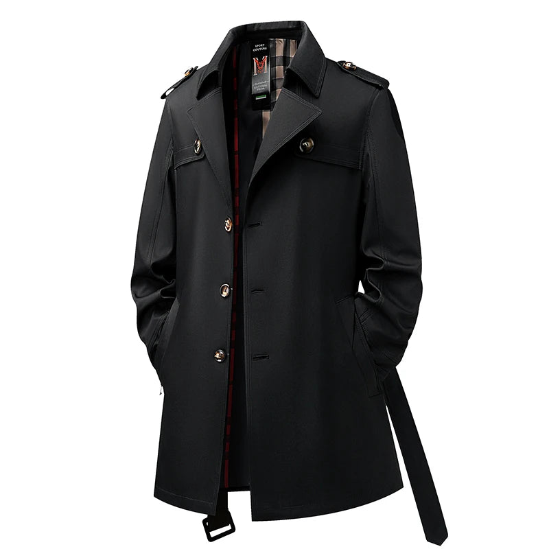 Black single breasted trench coat with epaulette shoulder tabs