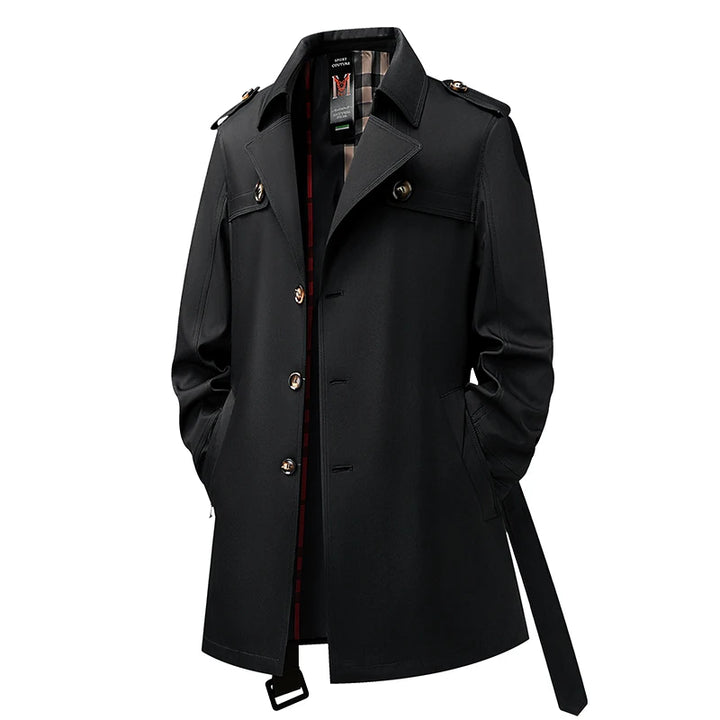 Black single breasted trench coat with epaulette shoulder tabs