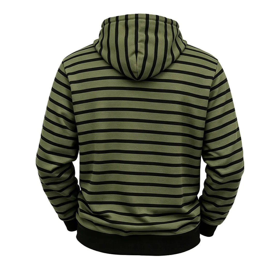Men's military green striped pullover hoodie, back view