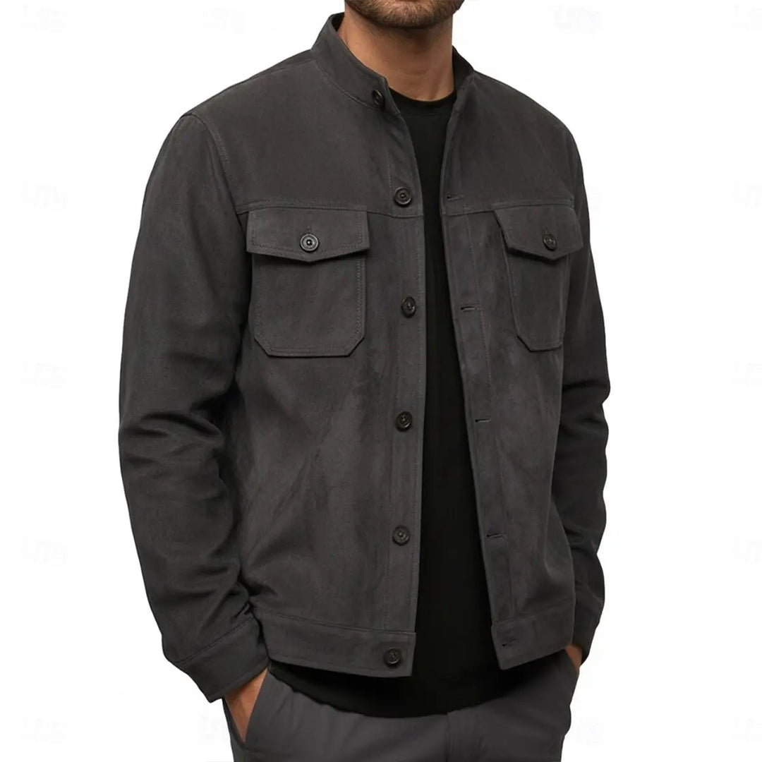Man wearing charcoal grey suede-look shirt jacket with button front
