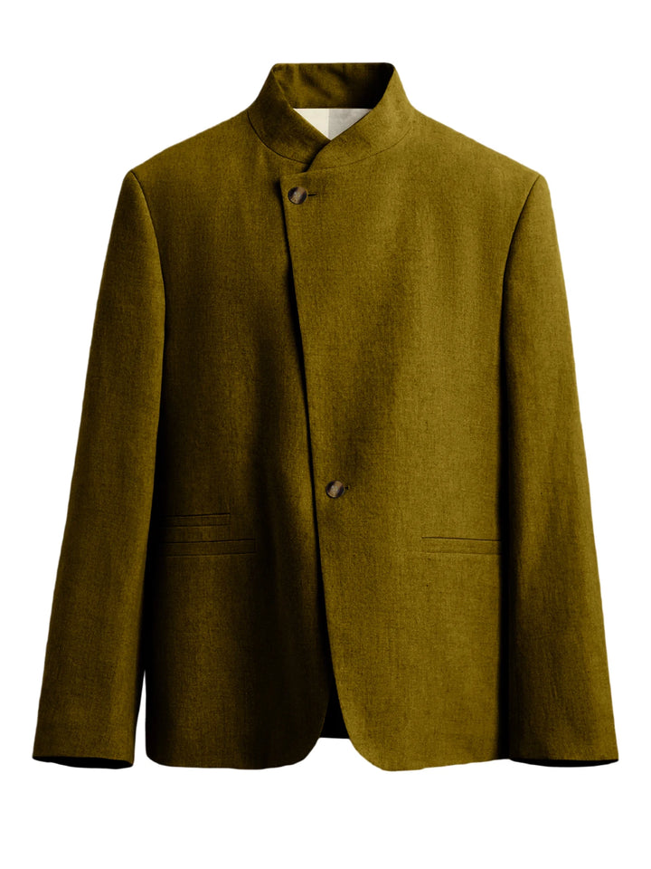 Olive green mandarin collar blazer with asymmetric button front