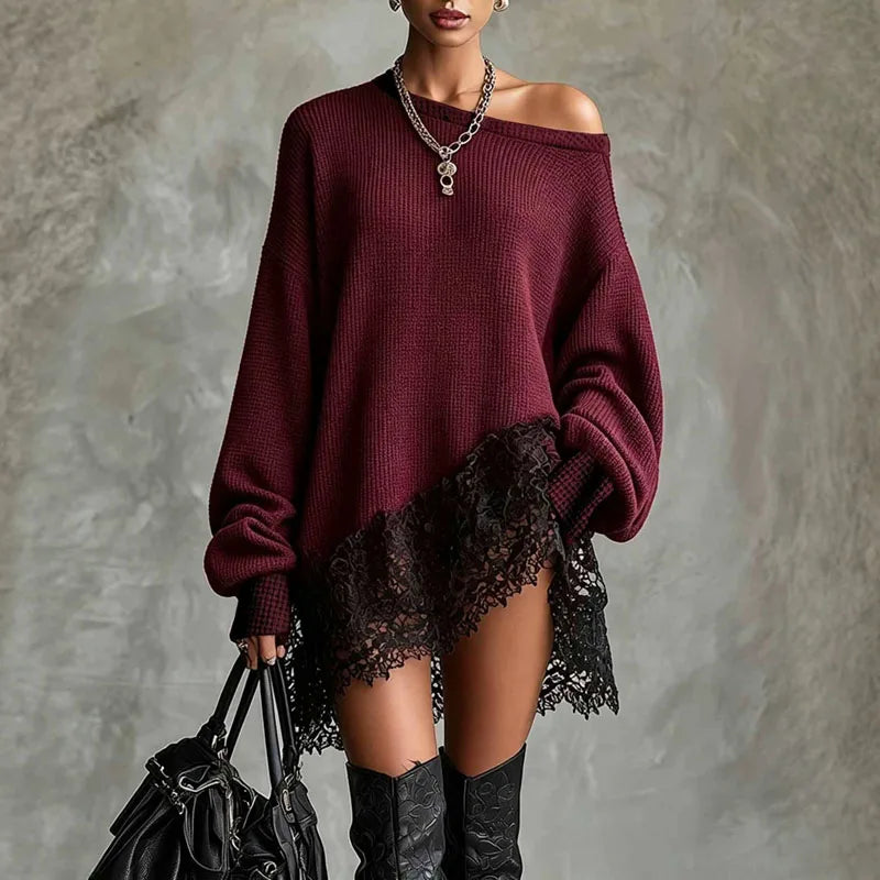 Wine red off shoulder waffle knit sweater dress with lace hem