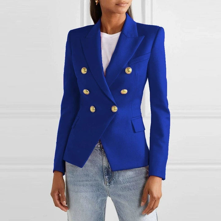 Royal blue double-breasted blazer with gold buttons