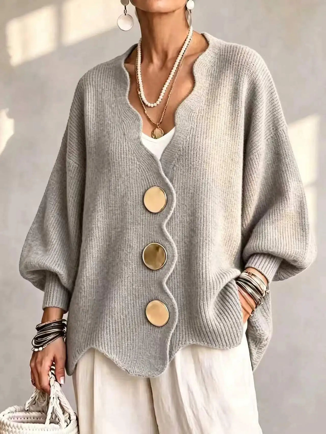 Light grey oversized cardigan with lantern sleeves
