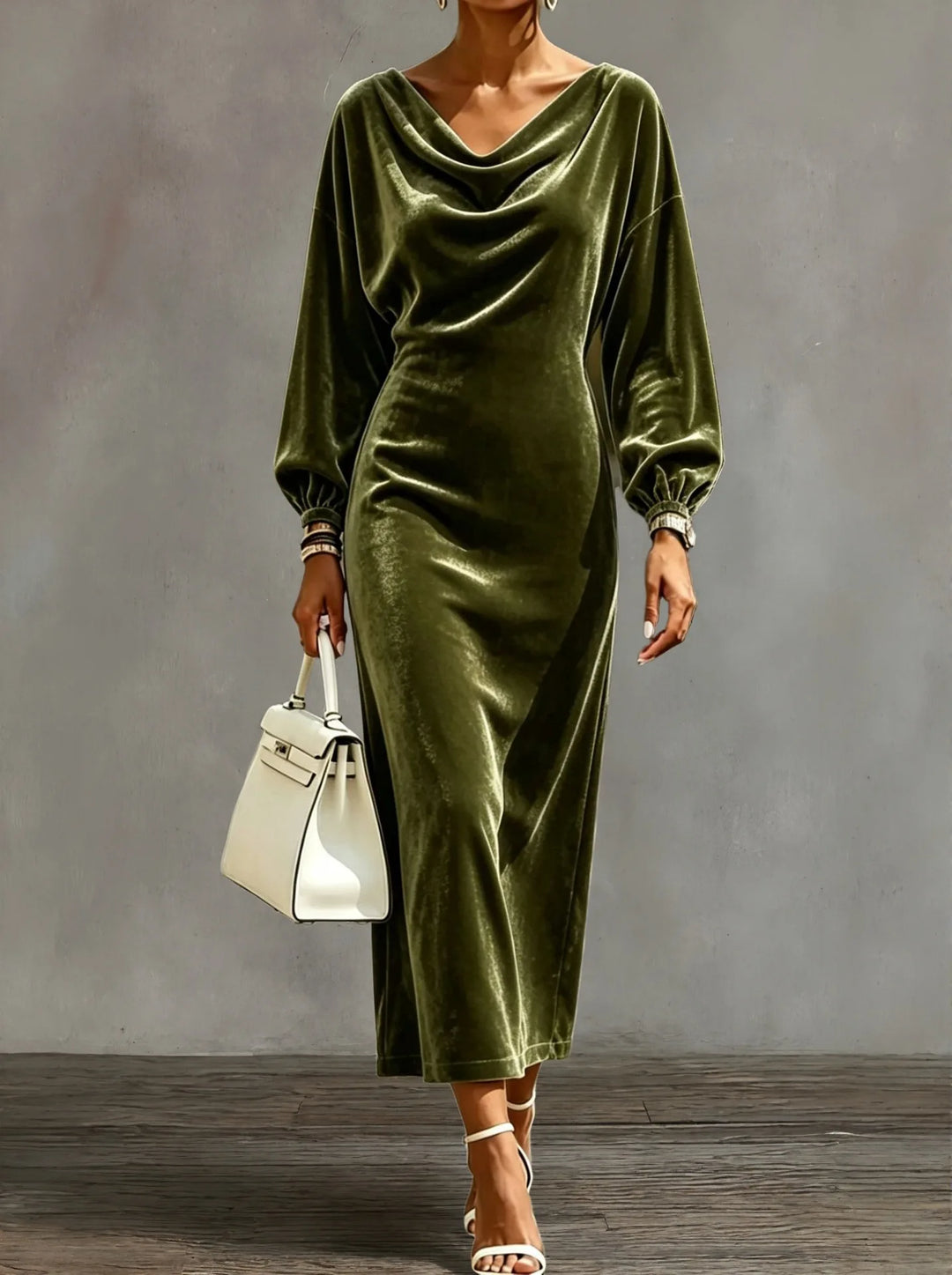 Green velvet midi dress with draped cowl neckline and balloon sleeves, front view