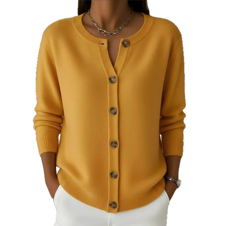 Yellow button-front knit cardigan on white background, front view