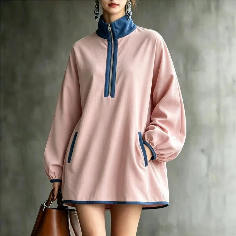 Pink mini dress with blue stand collar half zip front