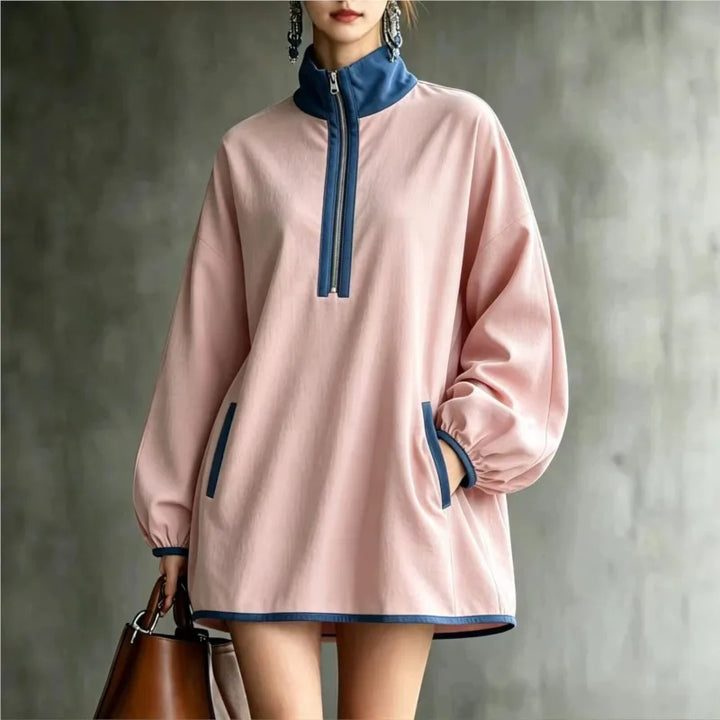 Pink mini dress with blue stand collar half zip front