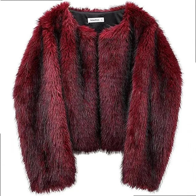 Burgundy faux fur cropped coat flat lay