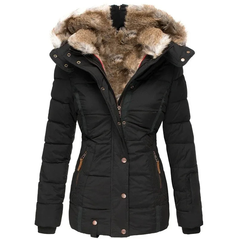 Black quilted puffer jacket with faux fur hood, front view
