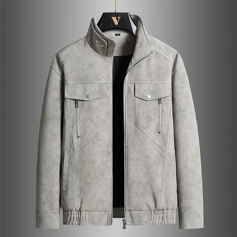 Khaki jacket with stand collar and chest pockets, front view on hanger