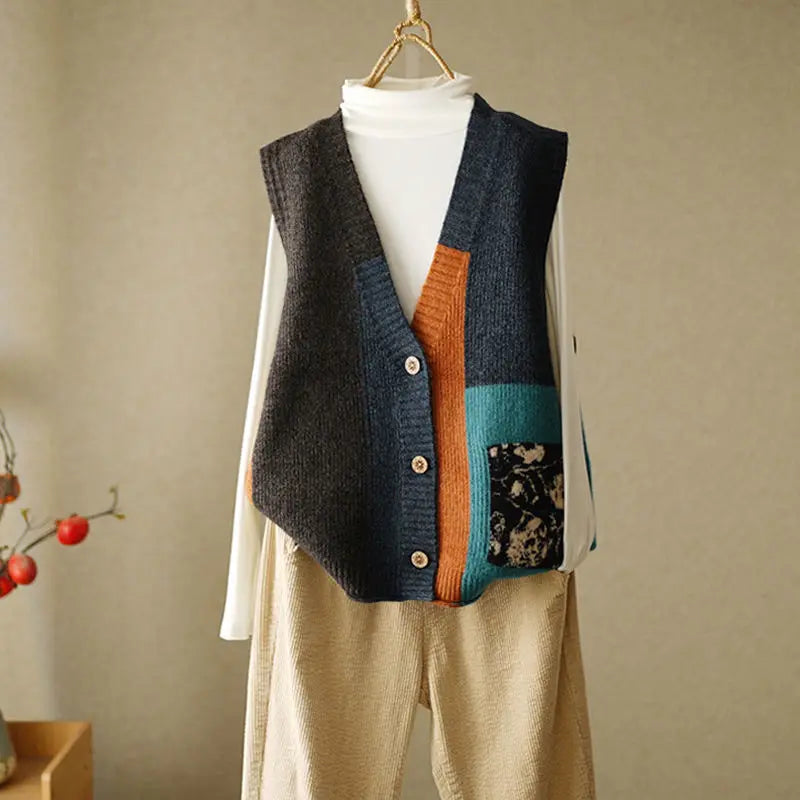 Colorblock knit sweater vest in charcoal and orange with floral patch pocket, front view