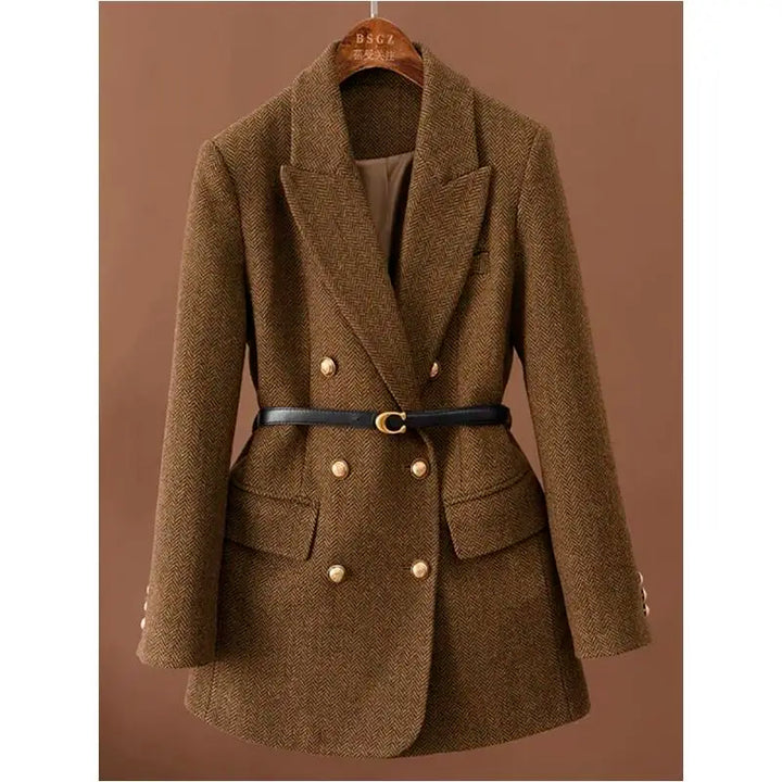 Dark brown herringbone belted blazer, front detail view