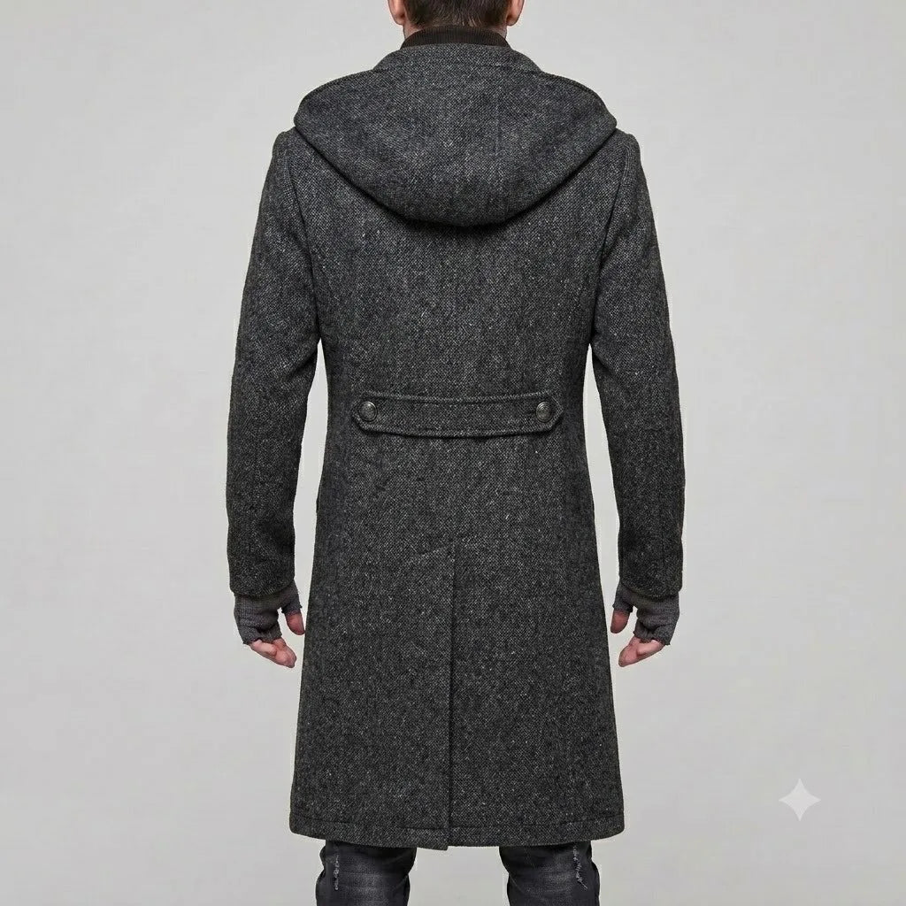 Back view of dark grey textured hooded trench coat