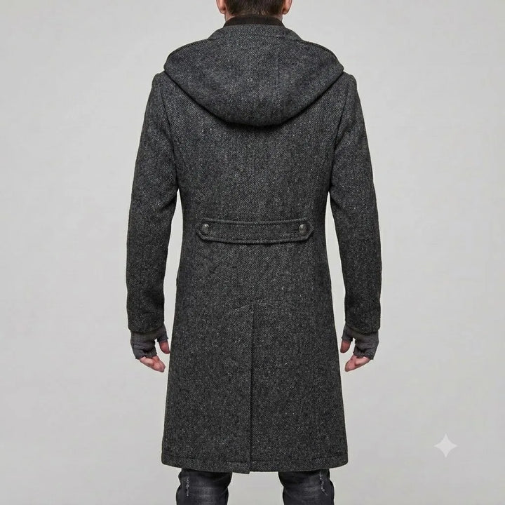 Back view of dark grey textured hooded trench coat
