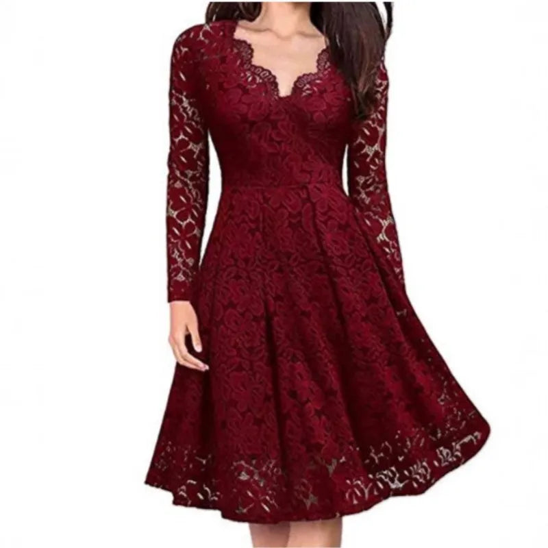 Red lace A-line dress, front view