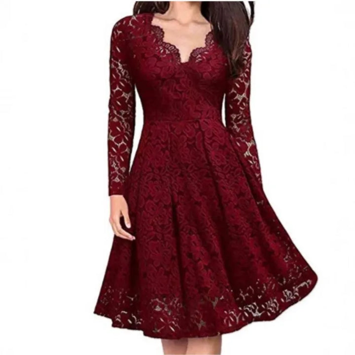 Red lace A-line dress, front view