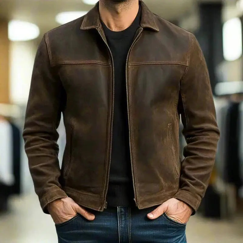 Man wearing brown faux leather moto jacket with turn-down collar and zip front