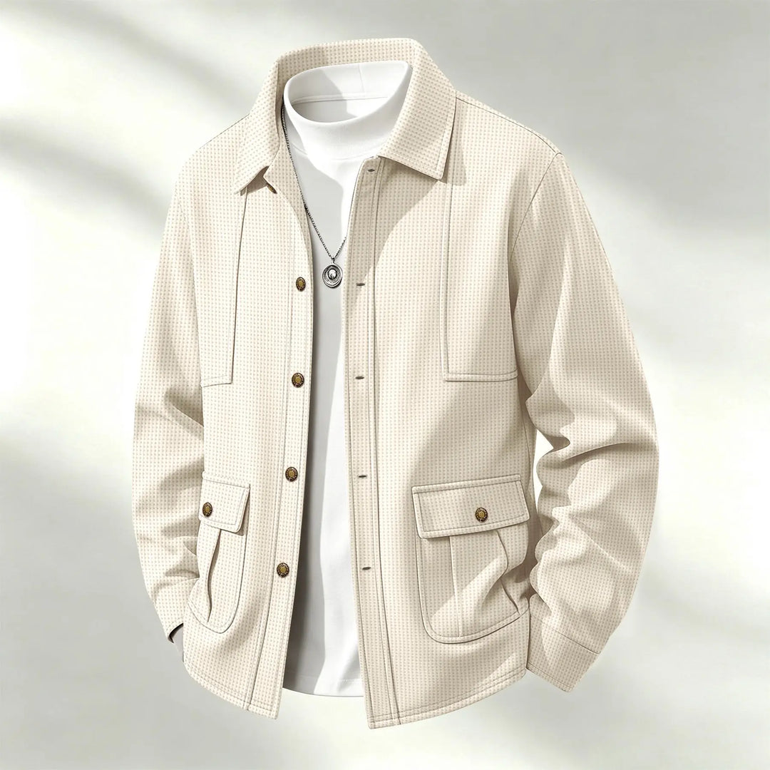 Khaki waffle knit shirt jacket with button front