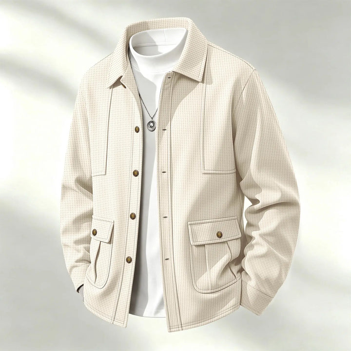 Khaki waffle knit shirt jacket with button front