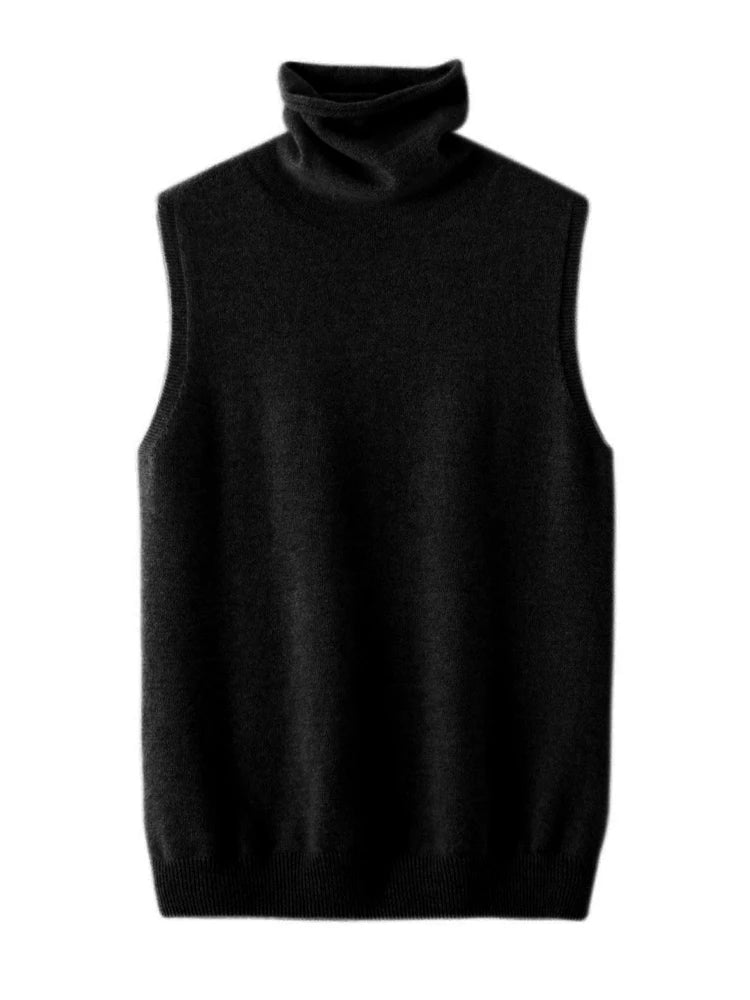 Black sleeveless turtleneck sweater vest, front view