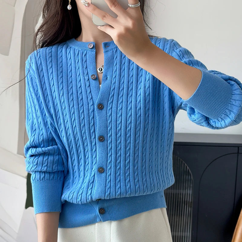 Sky blue cable knit cardigan close up buttons
