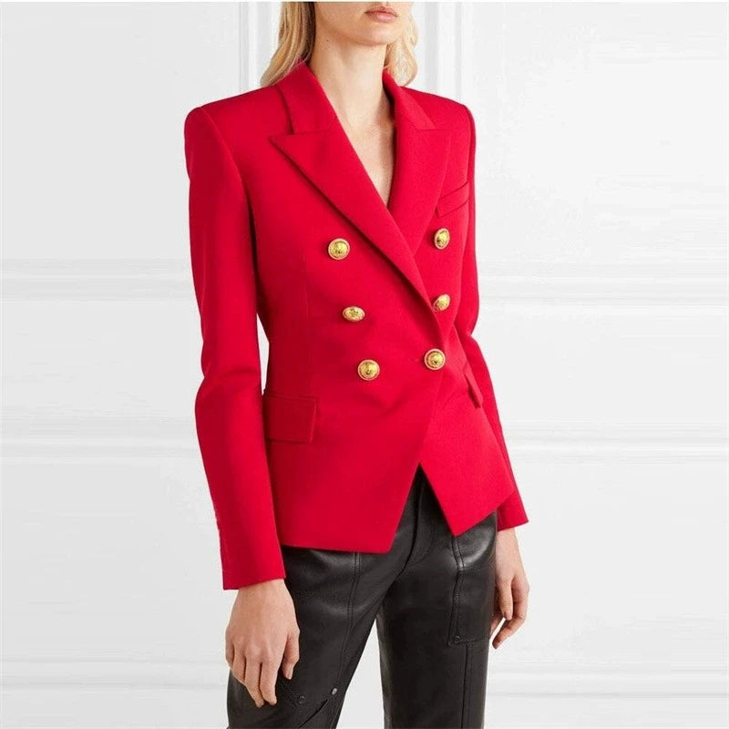 Red double-breasted blazer with gold buttons