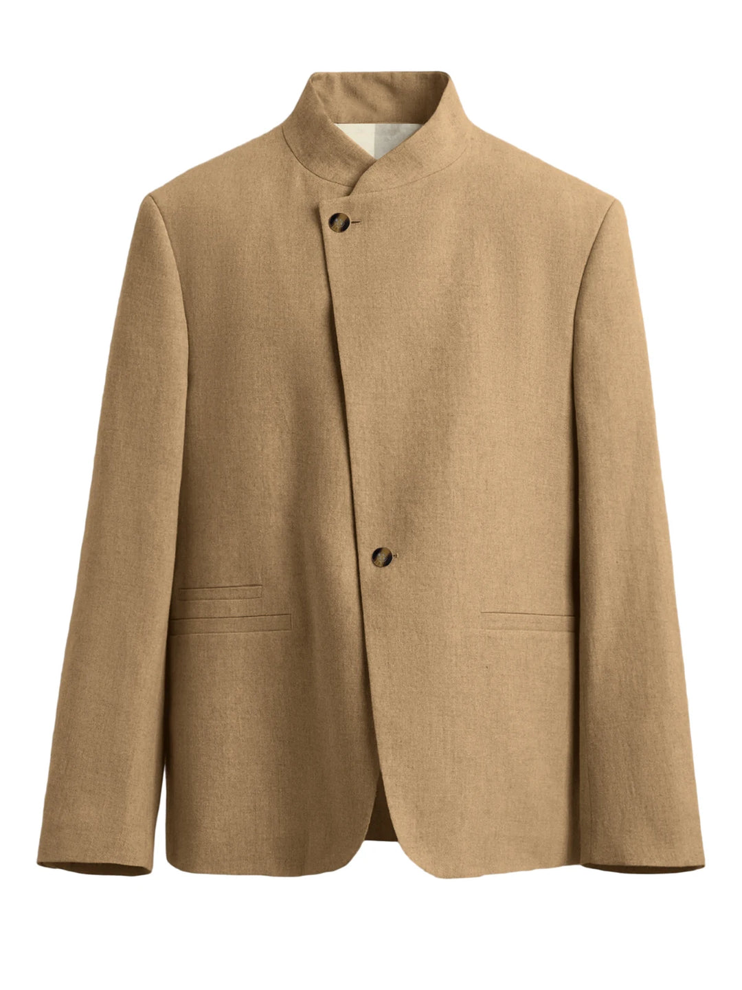 Khaki mandarin collar blazer with asymmetric button front