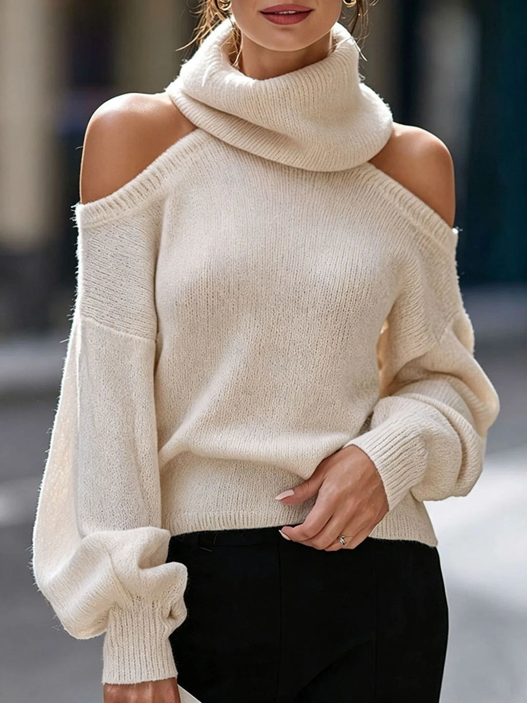 Apricot cold shoulder turtleneck sweater front view