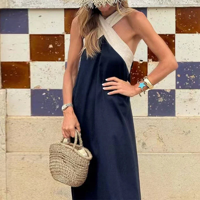 Jessara Contrast Halter Backless Maxi Dress