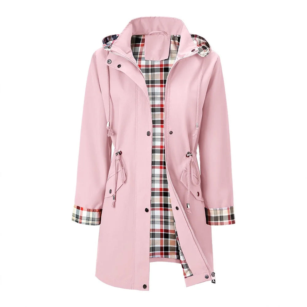 Pink hooded rain jacket with plaid lining, front view