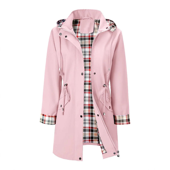 Pink hooded rain jacket with plaid lining, front view