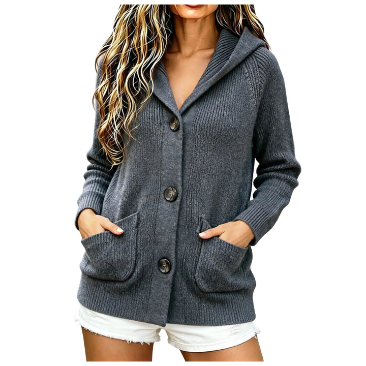 Close view of grey hooded cardigan with patch pockets