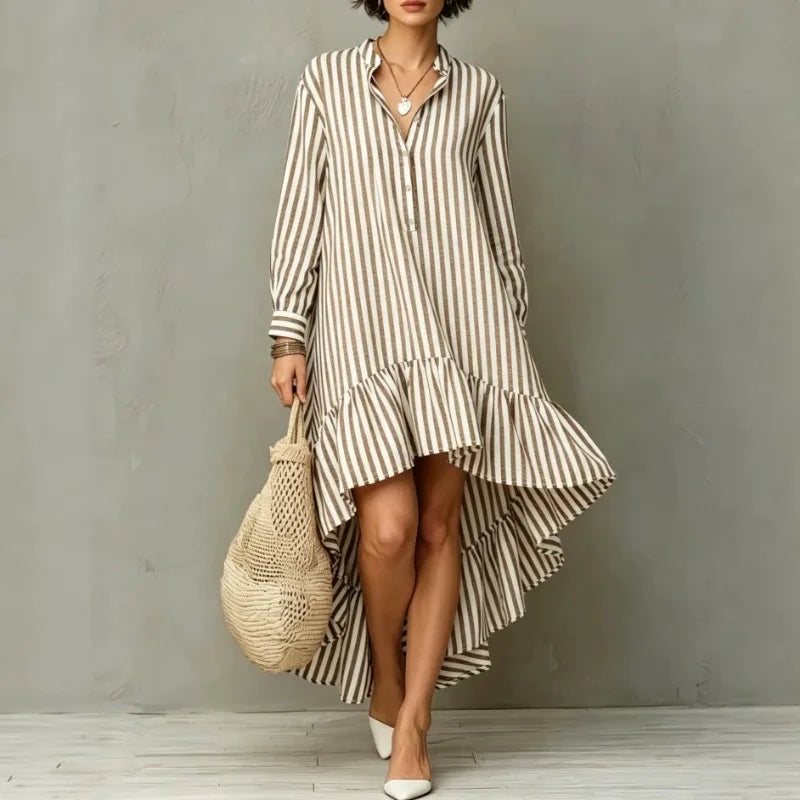 Light brown striped high-low midi dress with stand collar, front view