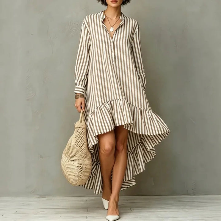 Light brown striped high-low midi dress with stand collar, front view