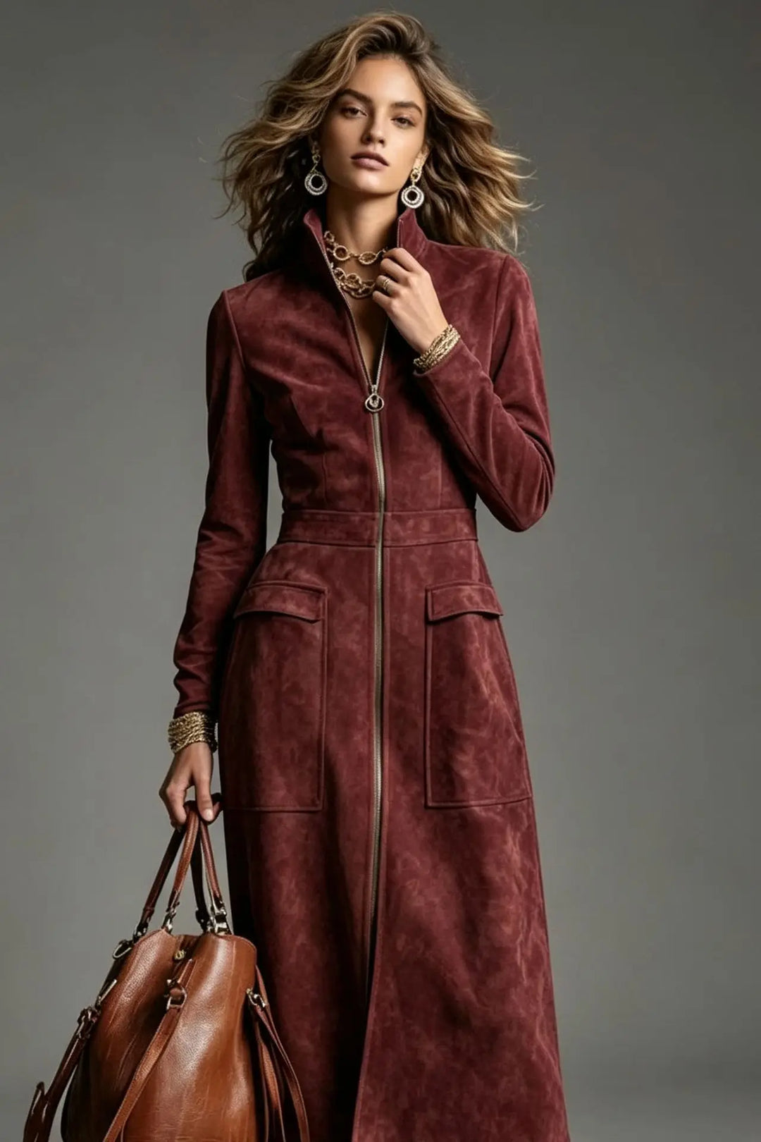 Woman wearing wine red suede-look stand collar zip dress