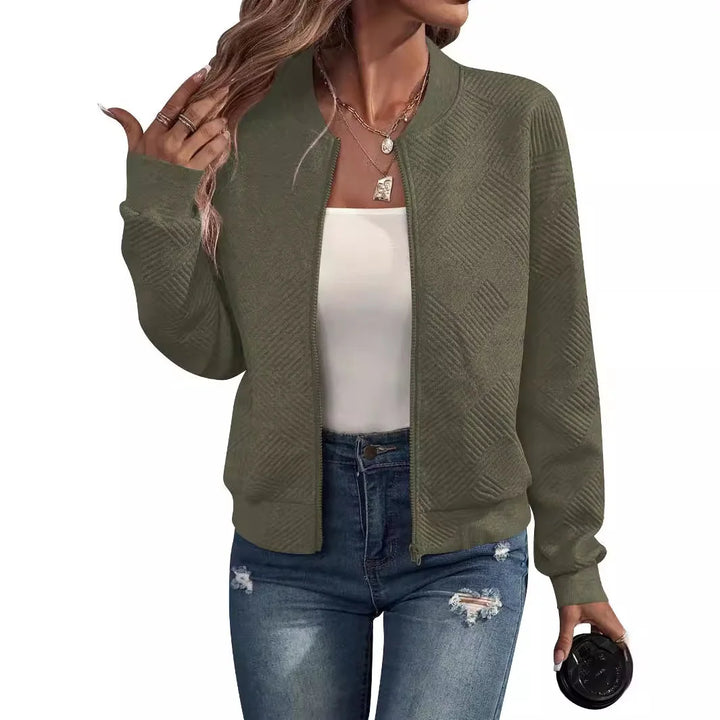 Army green textured knit zip up bomber jacket