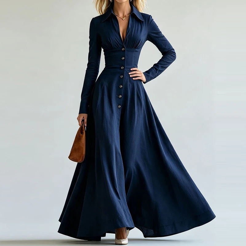 Navy blue maxi dress close up of fitted waist and buttons