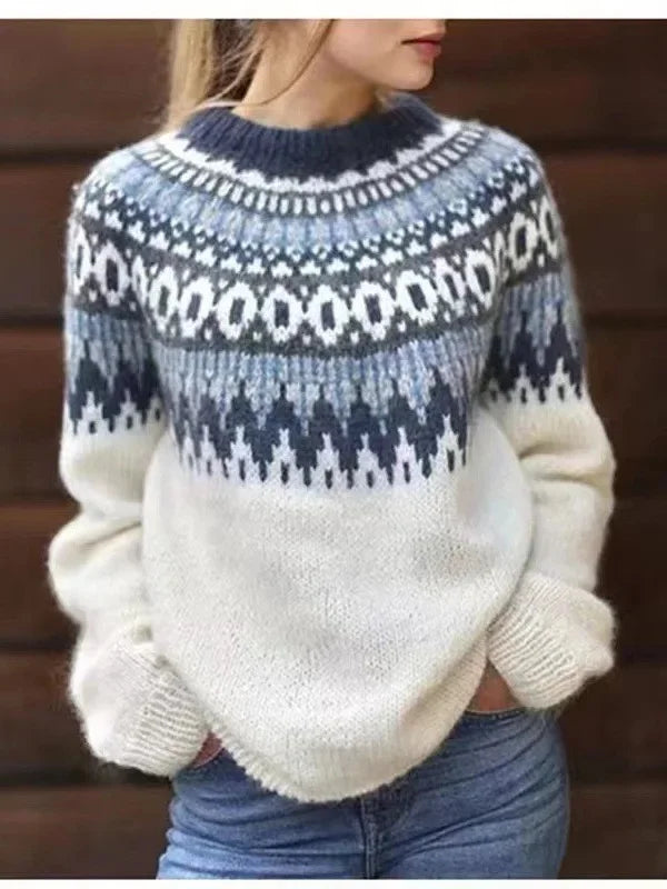 Woman wearing white and blue fair isle sweater back view