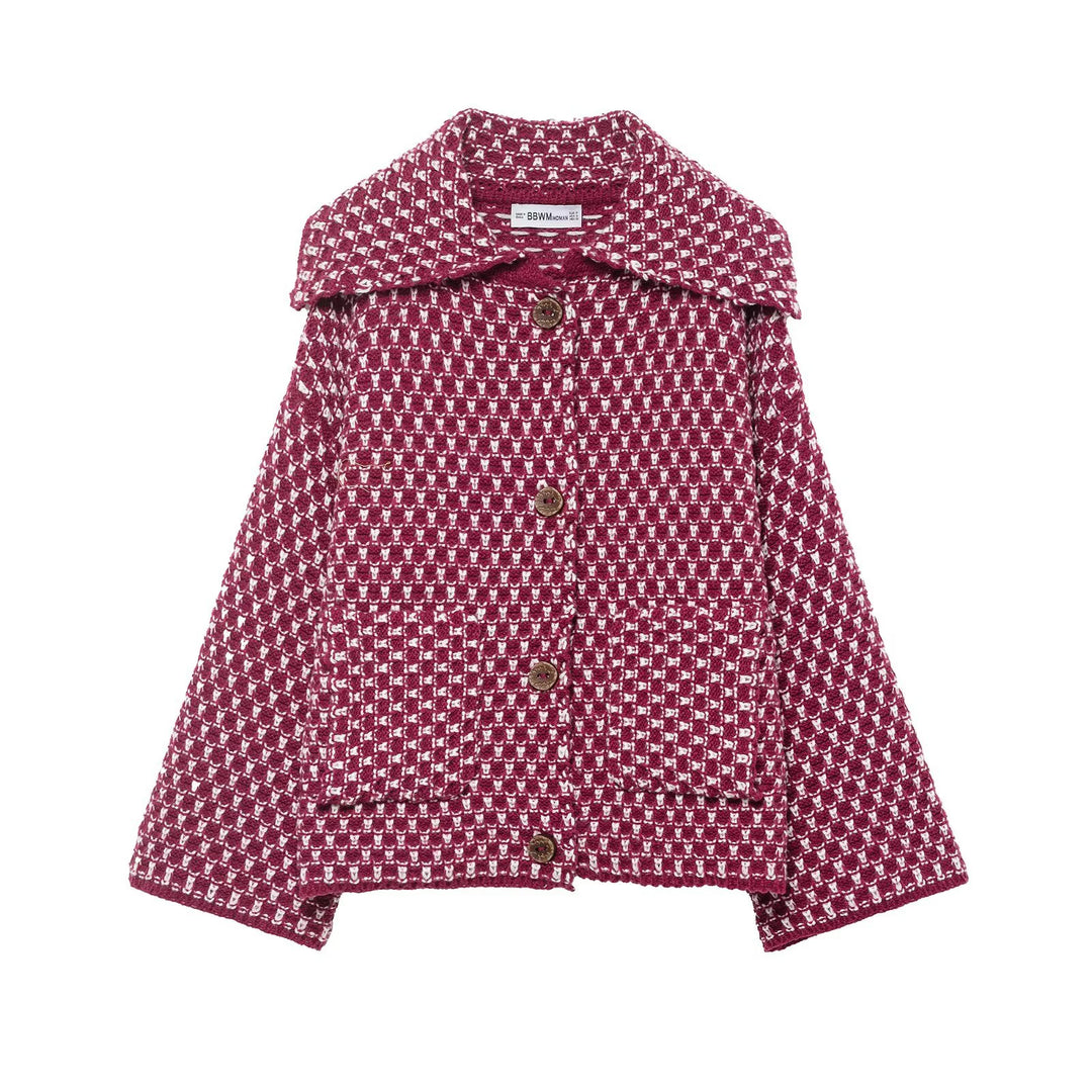 Burgundy textured knit jacket with patch pockets