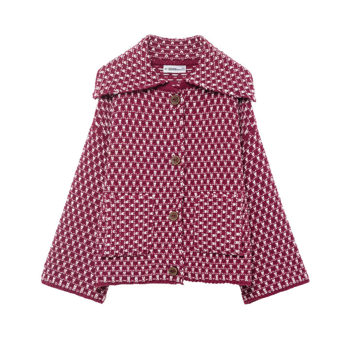 Burgundy textured knit jacket with patch pockets