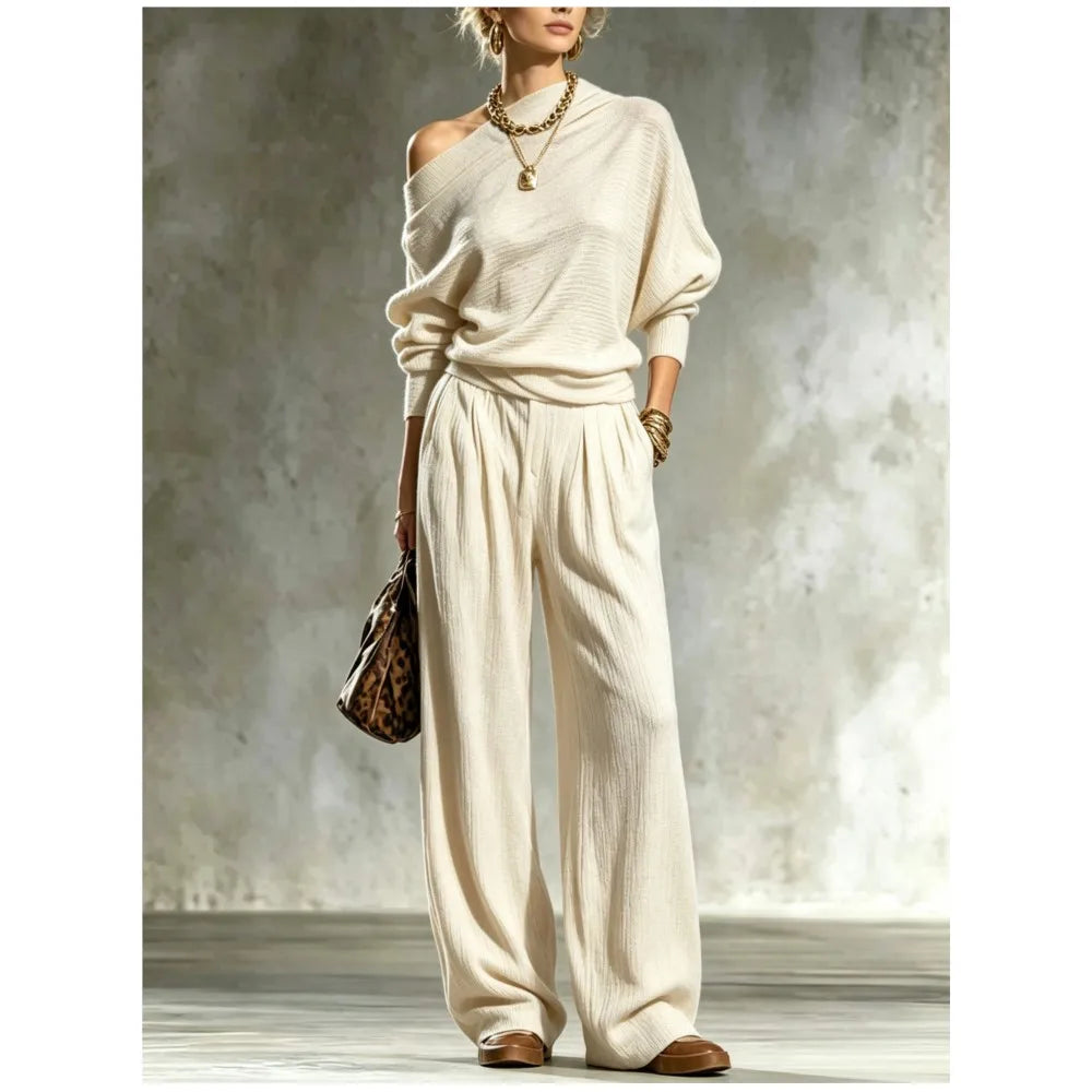 Milky off shoulder batwing sleeve knit top and wide leg pants set, front view