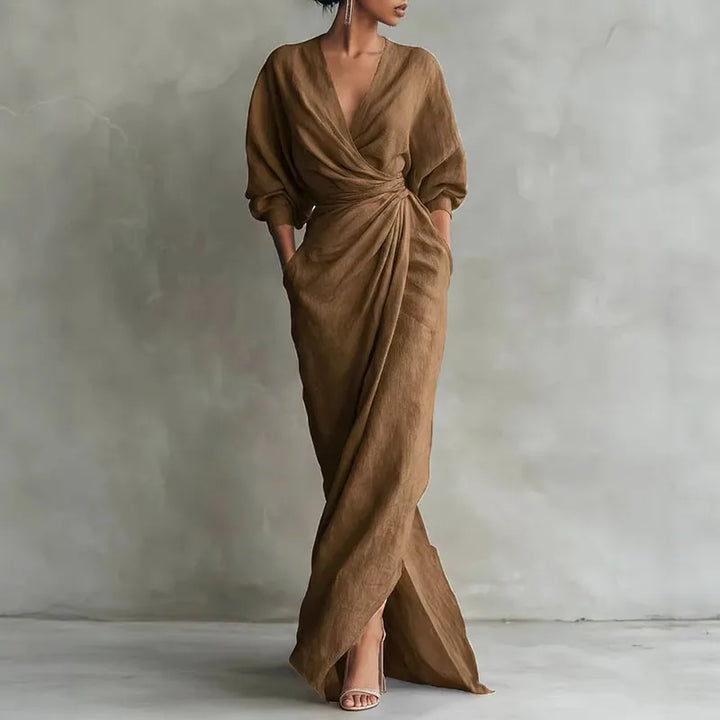 Paulina V Neck Wrap Waist Long Dress