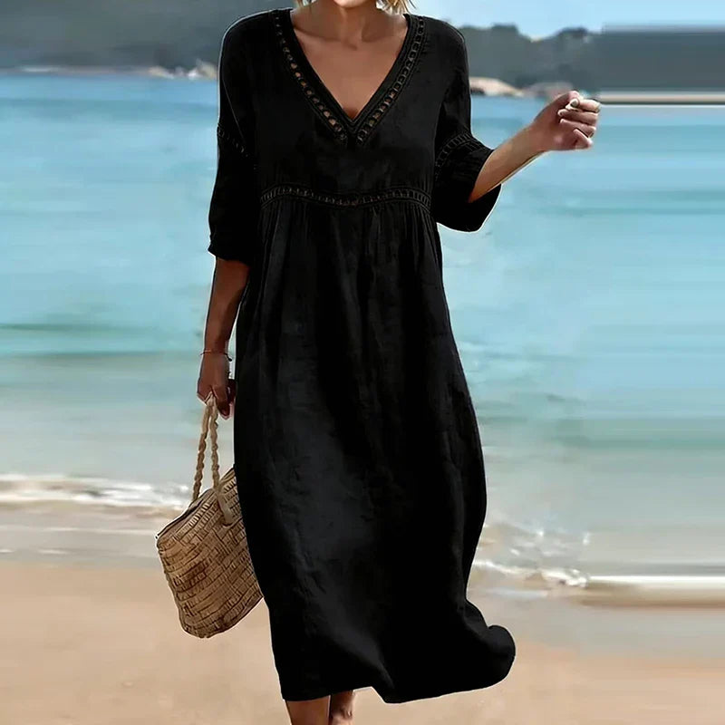 Oakley Hollow Trim V-Neck Midi Dress