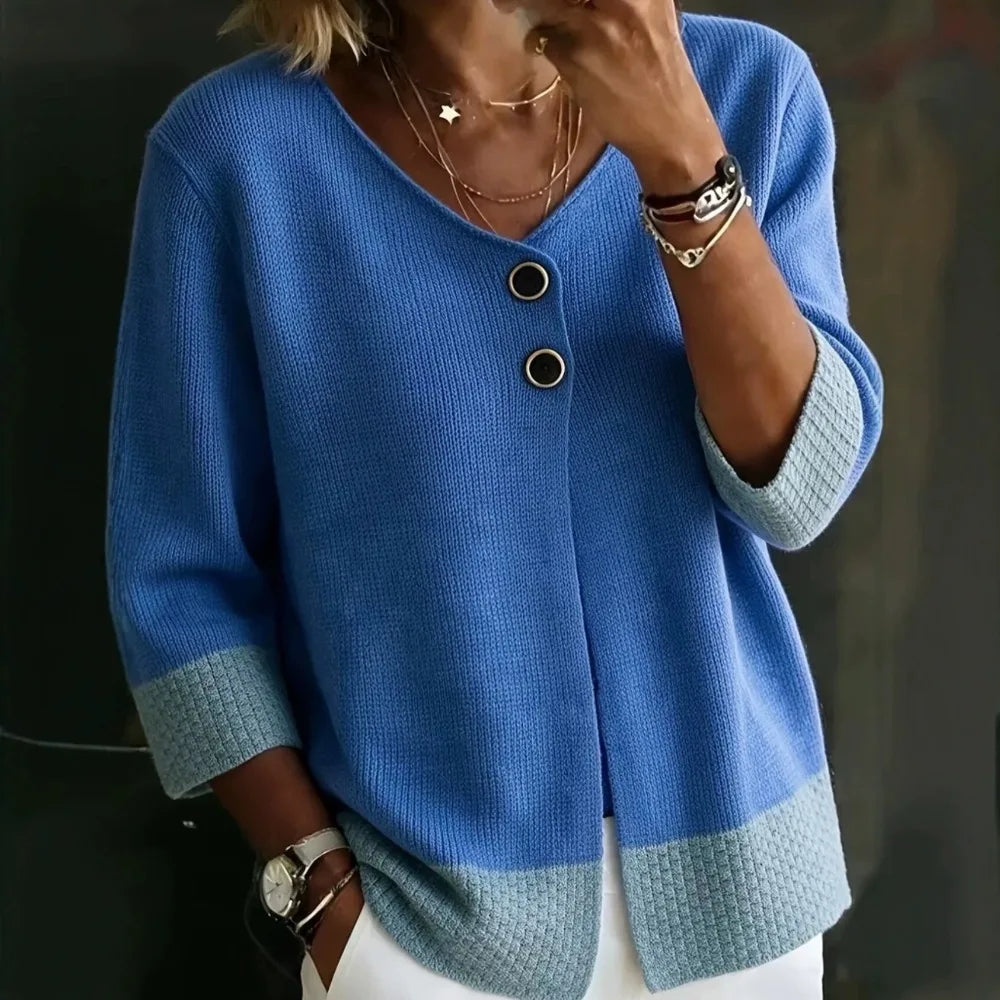Blue colorblock cardigan with contrast ribbed cuffs and hem, button front detail