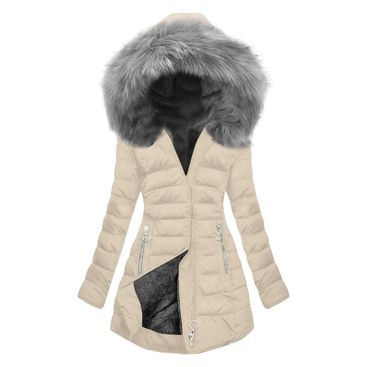Beige quilted puffer jacket with faux fur hood, front view