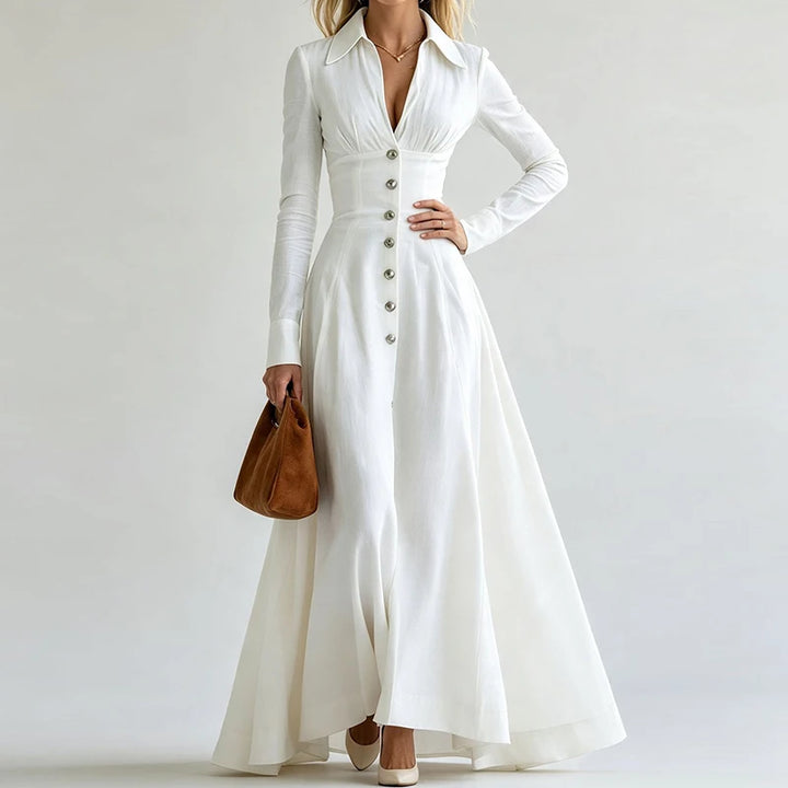 White maxi dress close up of fitted waist and buttons