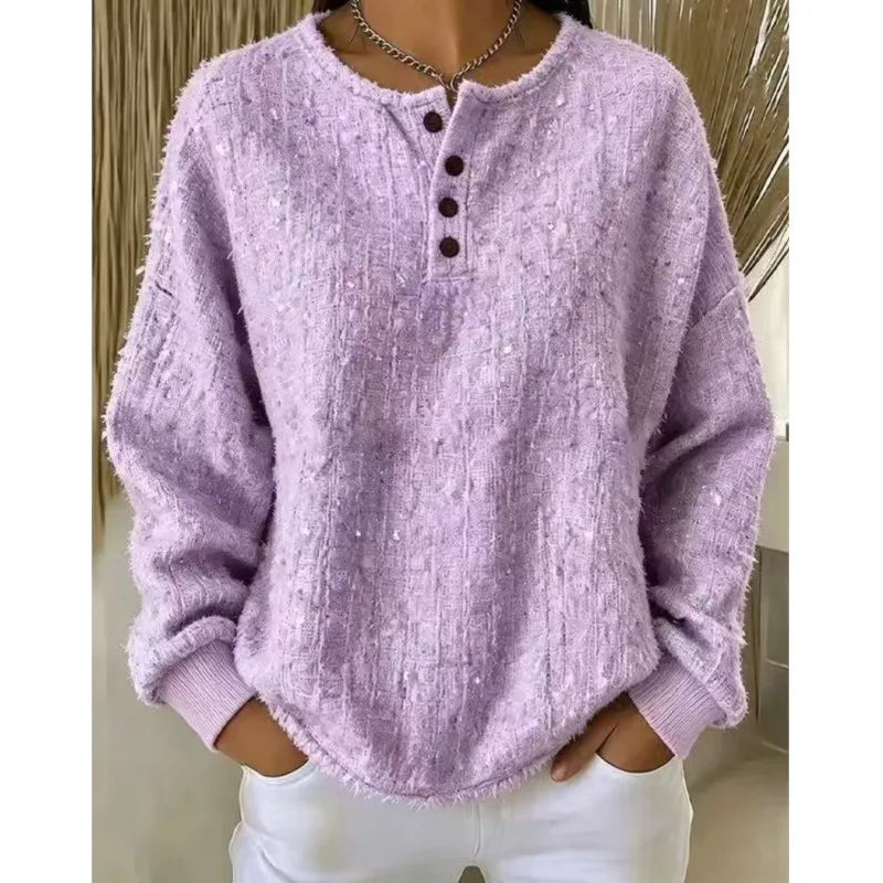 Light purple textured button henley sweater front view