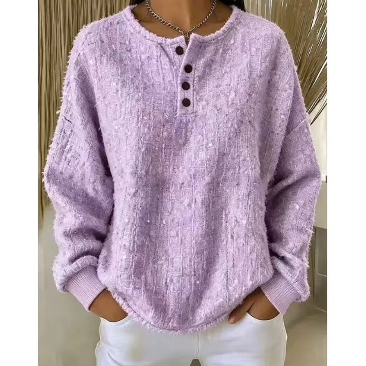 Light purple textured button henley sweater front view