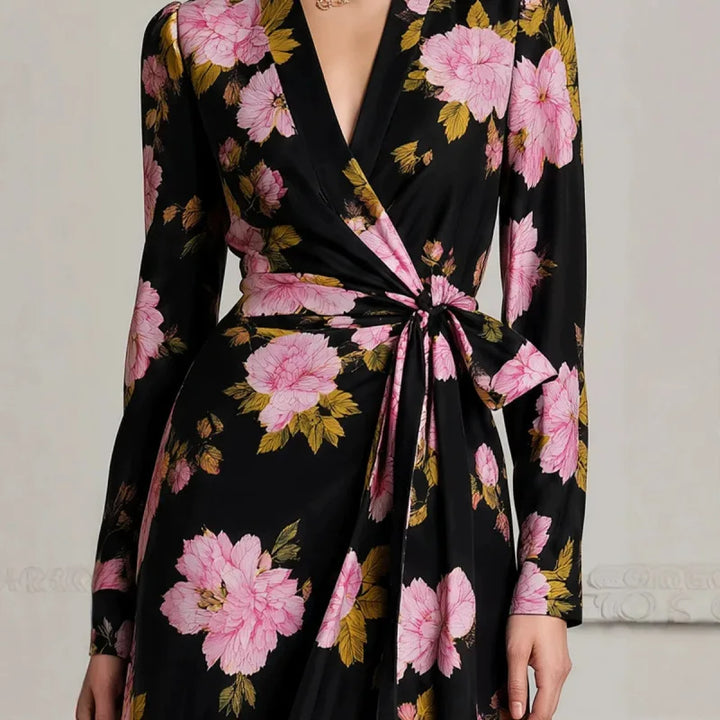Close up of black floral wrap dress tie waist detail